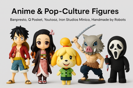 Anime and pop culture collectible figures from Banpresto, Q Posket, Youtooz, Iron Studios